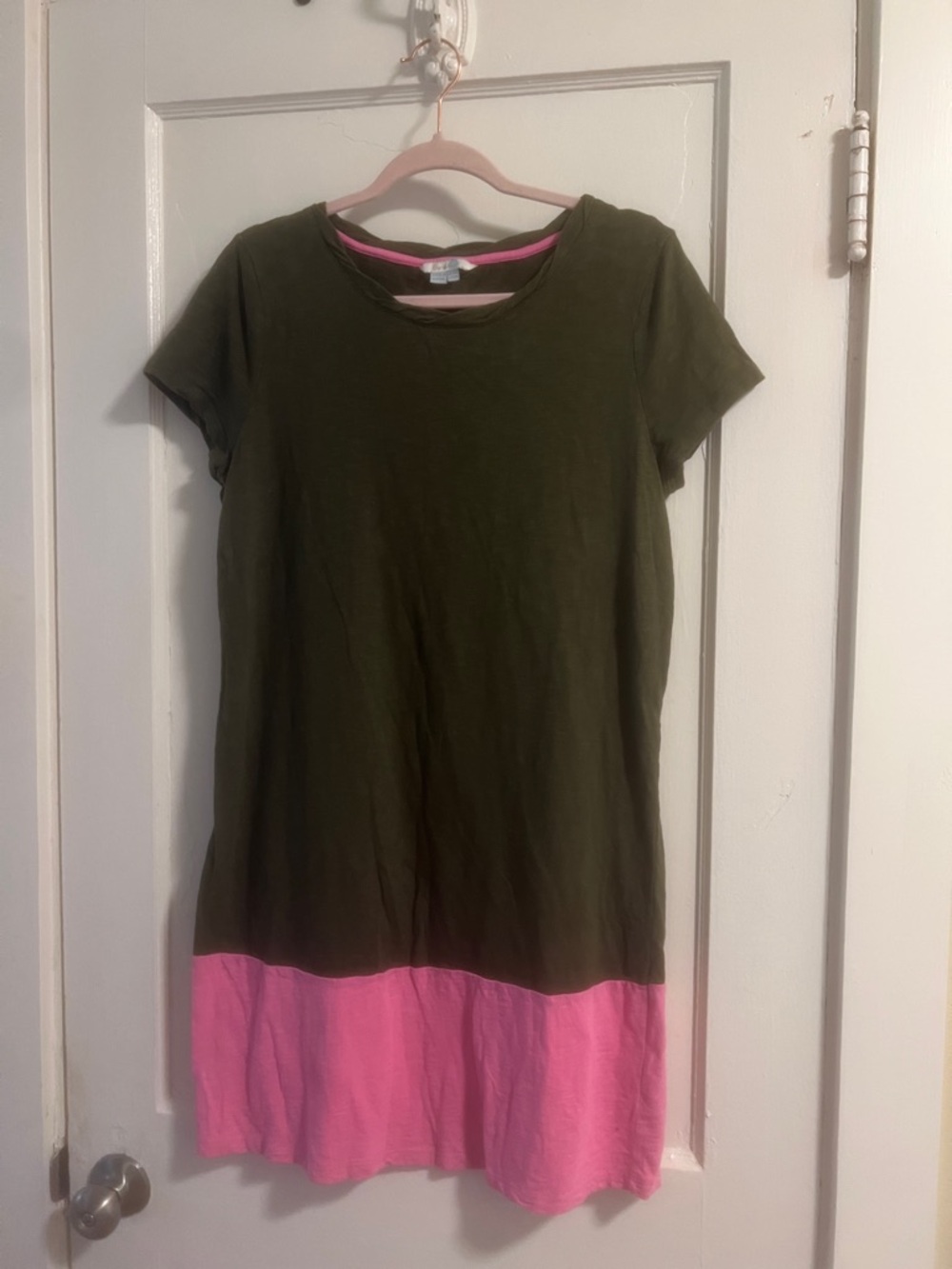 Boden Olive Green Tee Dress with Pink Trim